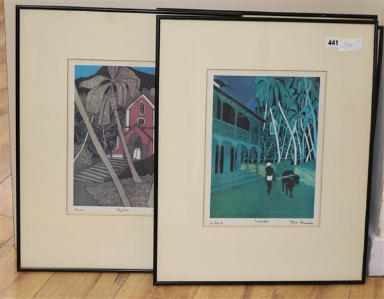 John Brunsden, 4 colour prints, Views in the Seychelles, 33 x 26cm.